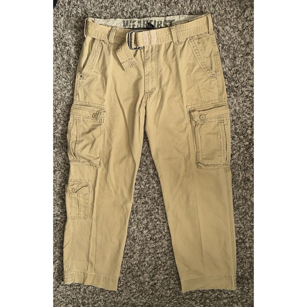 vintage wearfirst beige baggy utility cargo pants 36x32 w/ belt